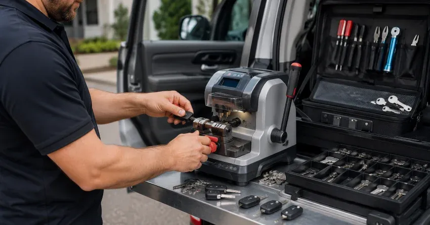technician cutting a replacement car door lock key in Tottenham