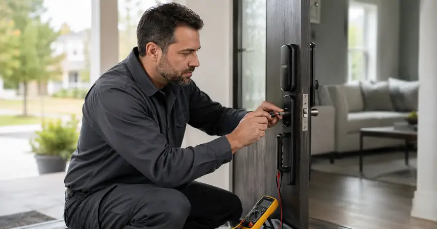technician diagnosing automatic door lock mechanism on residential door in Tottenham