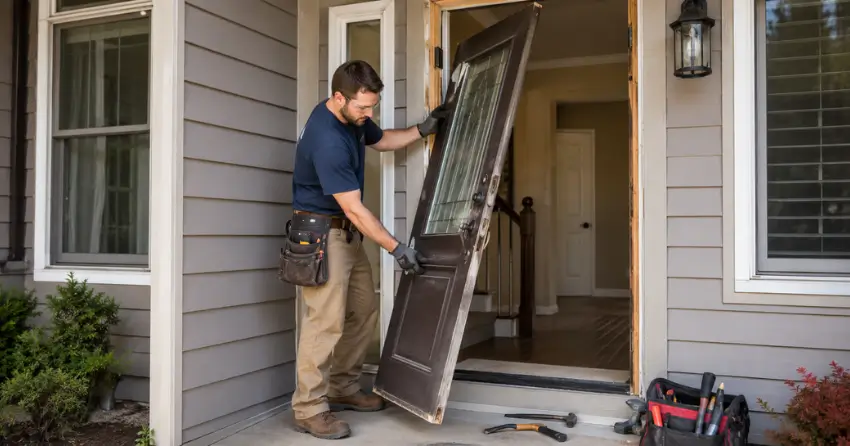 old exterior door being removed for replacement in Tottenham