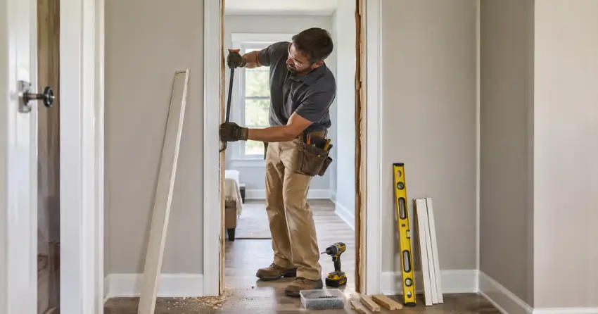 technician removing an old interior door frame during installation Tottenham