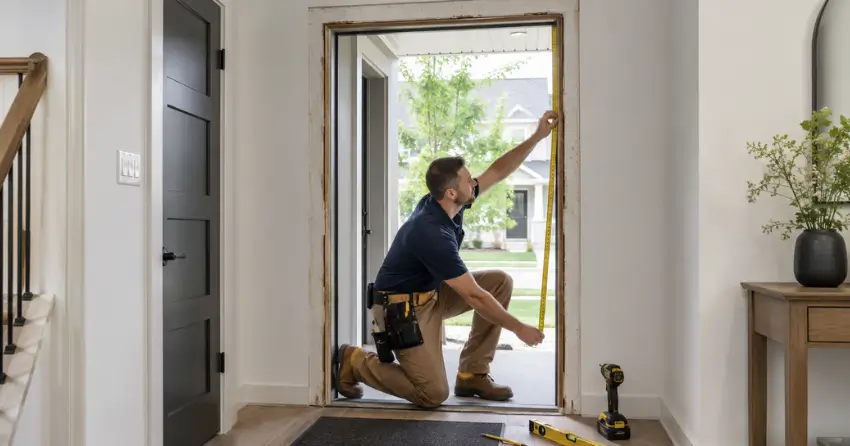 technician measuring a door frame before new door installation in Tottenham