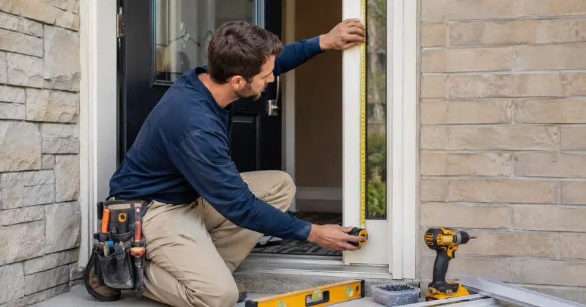 technician measuring door frame before storm door install in Tottenham