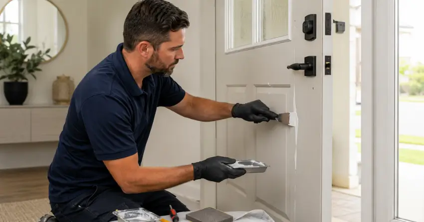 technician repairing fiberglass door surface crack in Tottenham